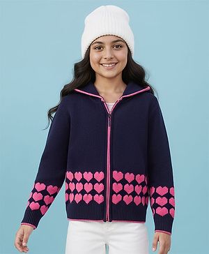 Pine Kids Knit Full Sleeves Front Open Hooded Sweater with Heart Design - Navy Blue