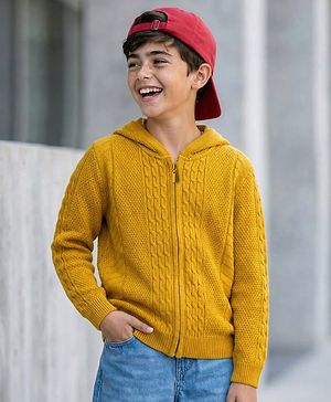Pine Kids Knit Full Sleeves Front Open Hooded Sweater with Cable Knit Design - Mustard