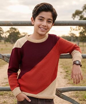 Pine Kids Cotton Knit Full Sleeves Pullover With Color Blocks & Stripes - Maroon