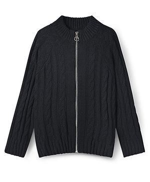 Pine Kids Knit Solid Color Front Open Sweater with Cable Knit Design - Black