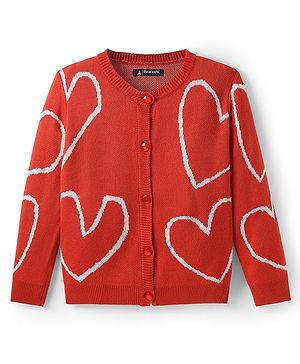 Pine Kids Knit Front Open Sweater with Heart Design - Red