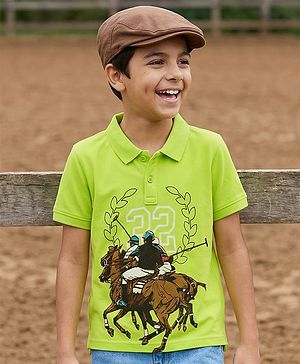 Pine Kids Cotton Knit Half Sleeves Polo T-Shirt with Sport Theme Print - Limegreen