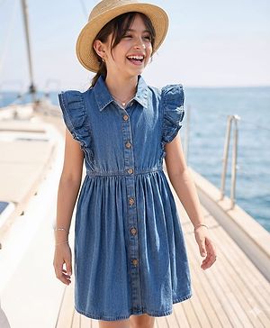 Pine Kids Cotton Woven Frill Sleeves Shirt Style Solid Dress with Collar Neck & Cinched Waist - Mid Blue
