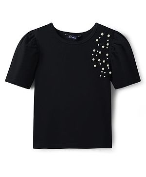 Pine Kids Cotton Knit Half Sleeves Solid Color Top with Pearl Detailing - Black