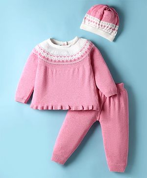 ToffyHouse Knit Full Raglan Sleeves Winter Wear Top & Lounge Pant Set With Aztec Print & Cap - Pink & White