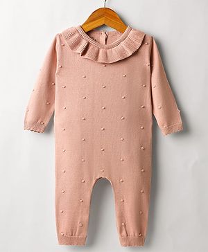 ToffyHouse Cotton Knit Full Sleeves Solid Color Winter Romper - Peach