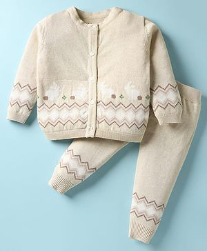 ToffyHouse Cotton Full Sleeves Winter Wear Sweatshirt & Lounge Pant Set with Bunny Design - Offwhite Melange