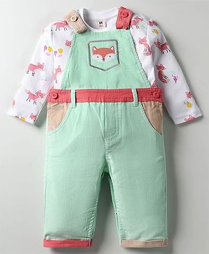 ToffyHouse Cotton Woven Corduroy Embroidered Dungaree with Full Sleeves Animal Fox Printed T-Shirt - White & Light Green