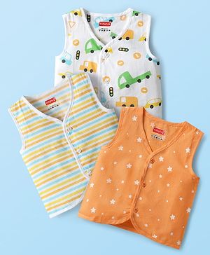 Babyhug 100% Cotton Cambric Woven Sleeveless Front Open Jhablas With Stripes & Vehicle Print Pack of 3 - Orange White & Yellow