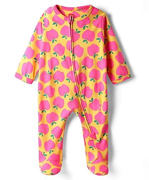 Babyhug Cotton Knit Full Sleeves Front Open Footed Sleep Suit with Apple Print - Yellow
