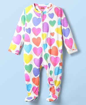 Babyhug Cotton Knit Full Sleeves Footed Sleepsuit With Heart Print - White