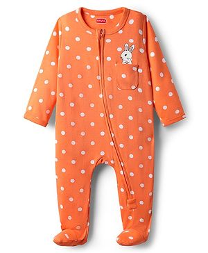 Babyhug Cotton Knit Full Sleeves Footed Sleepsuit With Polka Dot Print - Orange