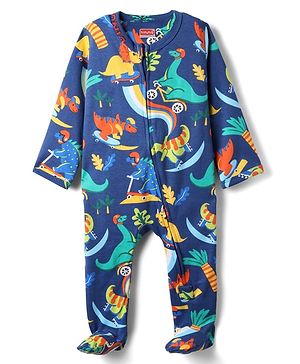 Babyhug Cotton Knit Full Sleeves Footed Sleepsuit With Dino Print - Navy Blue