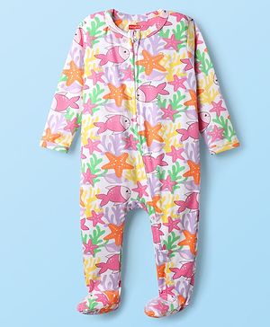 Babyhug Cotton Knit Full Sleeves Footed Sleepsuit With Fish Print - Multicolour