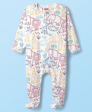 Babyhug Cotton Knit Full Sleeves Footed Sleepsuit With Animal Print - White