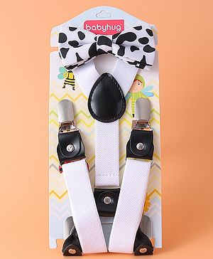 Babyhug Free Size Bow & Suspender Set With Heart Print - White