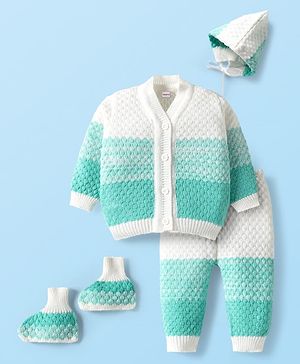 Babyhug Knit Full Sleeves Front Open Sweater Set with Booties & Cap Cable Knit Design - White & Turquoise