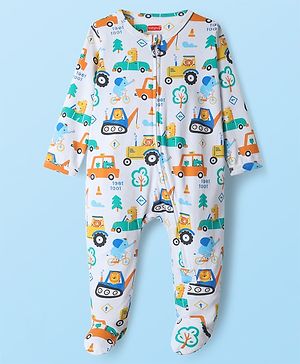 Babyhug Cotton Knit Full Sleeves Front Open Footed Sleep Suit with Vehicle & Animal Print - White