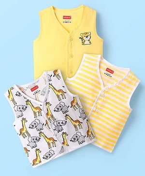 Babyhug 100% Cotton Front Open Sleeveless Jhablas With Stripes & Animal Print Pack Of 3 - Yellow & White