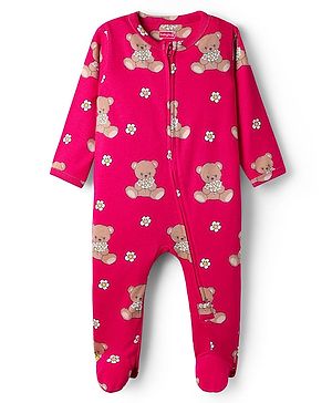 Babyhug Cotton Knit Full Sleeves Footed Sleepsuit With Bear Print - Dark Pink