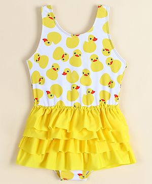Babyhug Sleeveless Frock Swimsuit With Bird Print -White