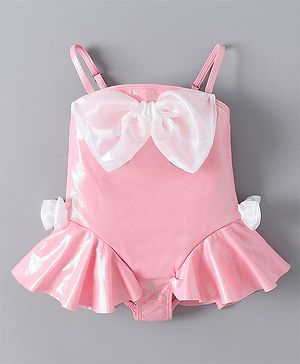 Babyhug Sleeveless Frock Swimsuit With Bow Applique - PInk