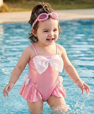 Babyhug Sleeveless Frock Swimsuit With Bow Applique - PInk