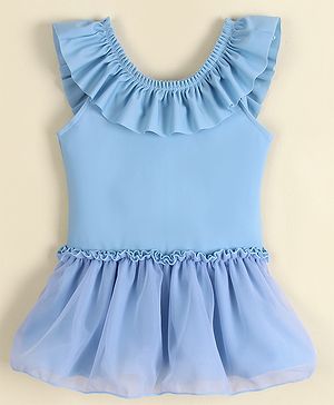 Babyhug Sleeveless Solid Colour Frock Swimsuit - Light Blue