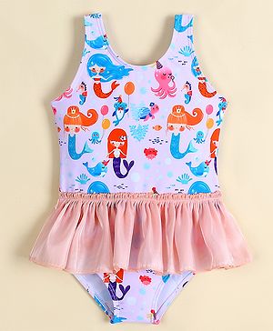 Babyhug Sleeveless Frock Swimsuit With Mermaid Print - Light Blue