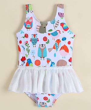 Babyhug Sleeveless Printed Frock Swimsuit -White