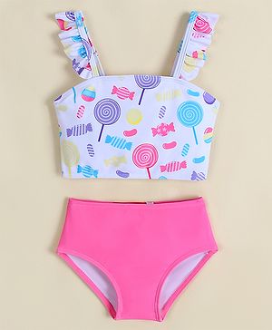 Babyhug Sleeveless Two Piece Swimsuit With Candy Print - White