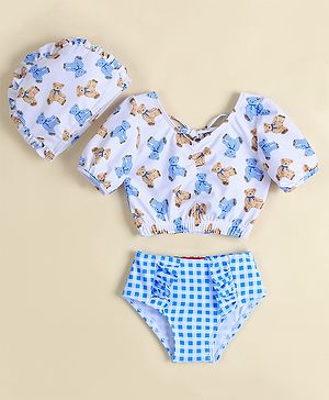 Babyhug Two Piece Swimsuit With Animal Print & Cap - Light Blue