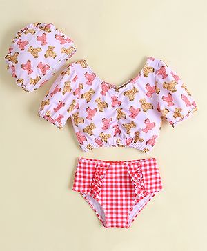 Babyhug Half Sleeves Two Piece Swimsuit With Animal Print - Red