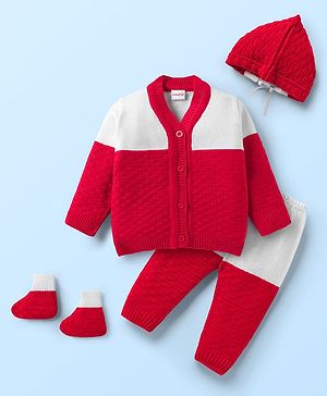 Babyhug Knit Full Sleeves Color Block Front Open Sweater Set with Cap & Booties - Red & White
