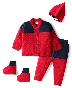 Babyhug Knit Full Sleeves Color Block Front Open Sweater Set with Cap & Booties - Red & Navy Blue