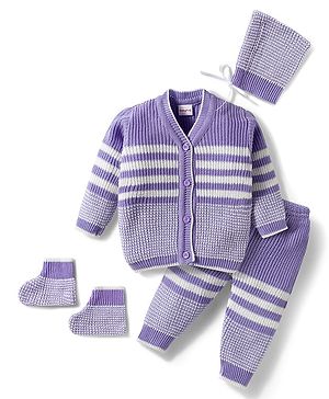 Babyhug Knitted Full Sleeves Striped Sweater Set With Cap & Booties - Lavender