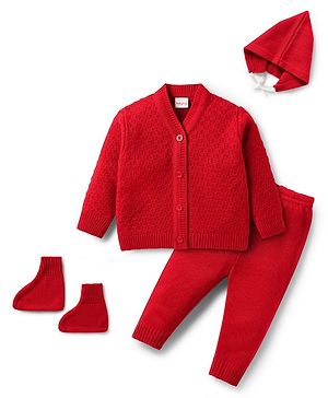 Babyhug Knit Full Sleeves Front Open Sweater Set with Cap & Booties - Red