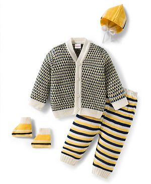Babyhug Knit Full Sleeves Front Open Sweater Set with Stripes & Cap & Booties - Yellow White & Beige