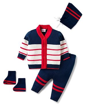 Babyhug Knitted Full Sleeves Striped Sweater Set With Cap & Booties - Navy Blue Red & White