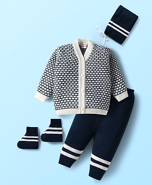 Babyhug Knitted Full Sleeves Front Open Sweater Set With Cap & Booties - Navy Blue & White