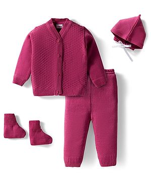 Babyhug Knit Full Sleeves Solid Color Front Open Sweater Set with Pair of Mittens & Cap - Dark Pink
