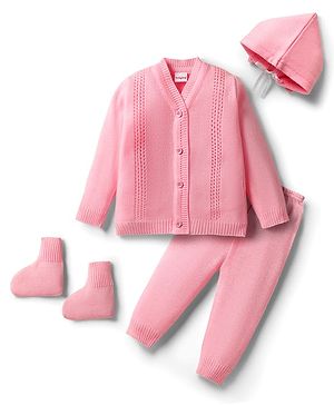 Babyhug Knitted Full Sleeves Solid Sweater Set With Cap & Mittens - Pink