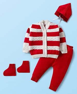 Babyhug Knitted Full Sleeves Striped Sweater Set With Cap & Booties - Red