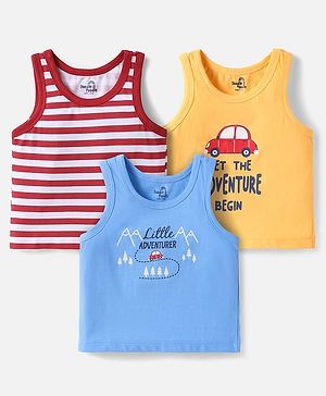 Doodle Poodle 100% Cotton Knit Sleeveless Car Printed Vests Pack of 3 - Blue Yellow & Red