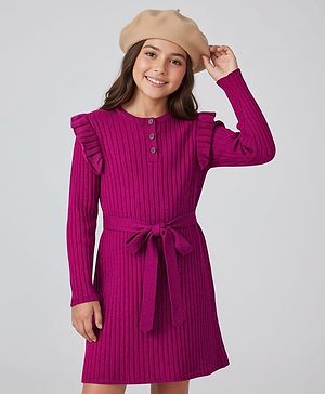 Pine Kids Knitted Full Sleeves Solid Ribbed Woollen Dress With Fabric Belt - Dark Pink