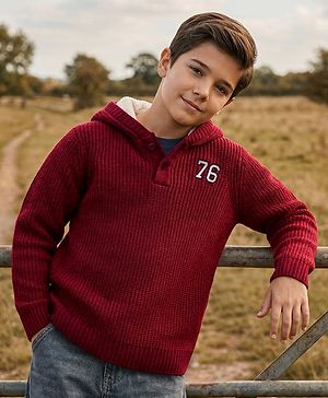 Pine Kids Knit Full Sleeves Hooded Sweater with Number Patch - Dark Red