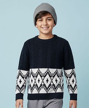 Pine Kids Knit Full Sleeves Pullover Sweater With Cable Knit & Argyle Design - Navy Blue