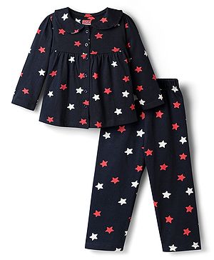 Babyhug Cotton Knit Full Sleeves Co-ords Night Suit With Star Print - Violet