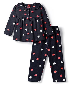 Babyhug Cotton Knit Full Sleeves Co-ords Night Suit With Star Print - Violet