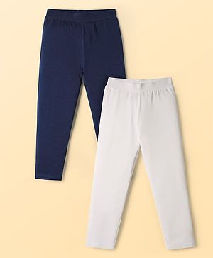 Pine Kids Cotton Lycra Knit Full Length Solid Coloured Leggings Pack Of 2- Navy Blue & White